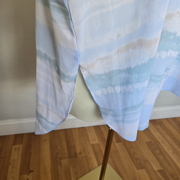 TruSelf Blue‎ Green Watercolor Striped Tunic Top Size 3X Split Neck Coastal Boho - Picture 2 of 11